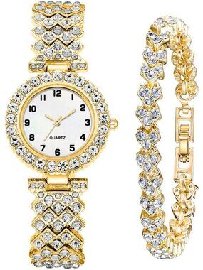 Women's All Gold Analog Fashion Diamond Bangle Bracelet Set Luxury Wrist Watch